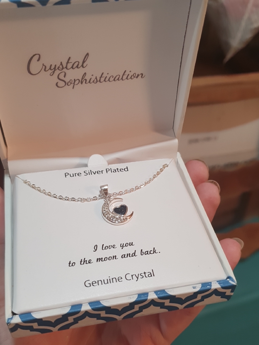 Silver Plated Moon & Heart Necklace - Blue Accent
